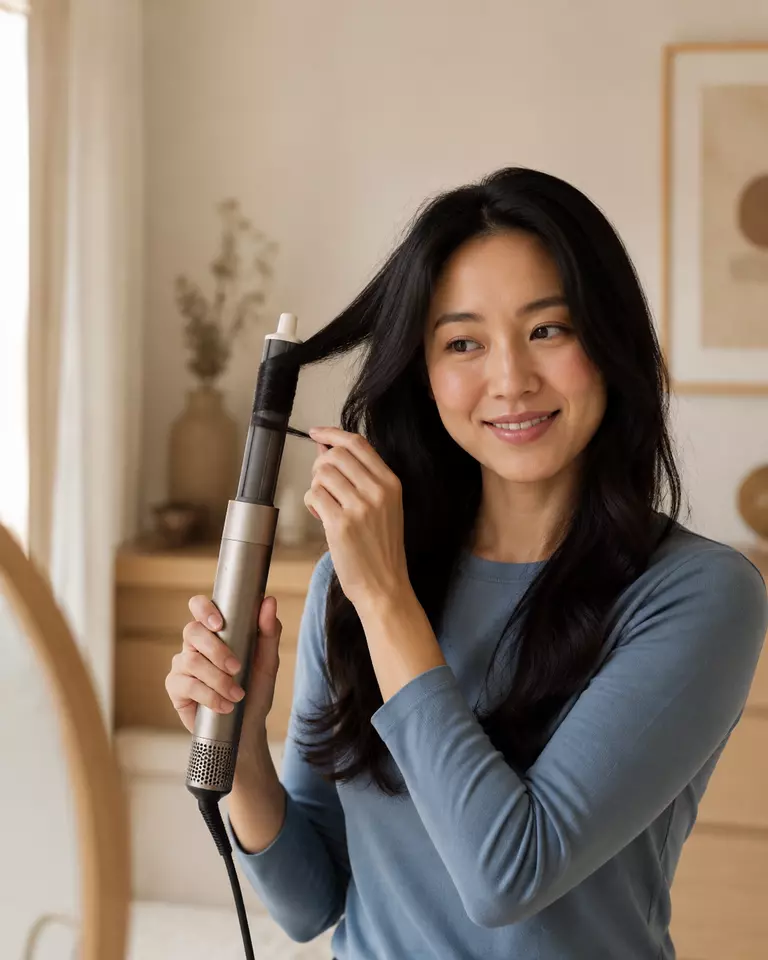 Person som former hår med en luftbasert multistyler.