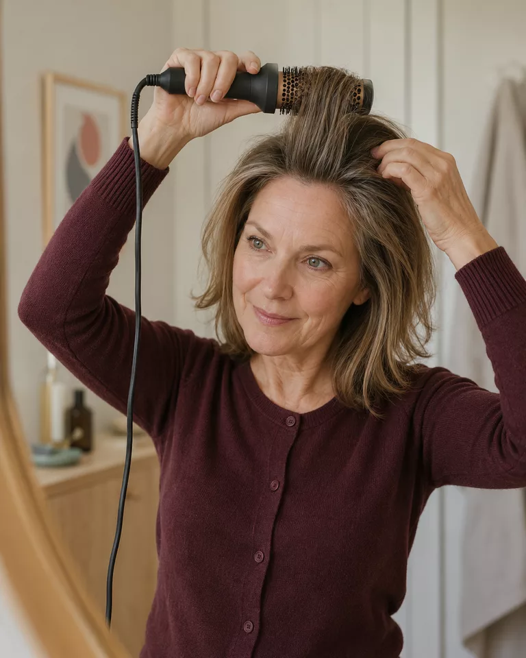 Person som løfter håret ved røttene med et generisk stylingverktøy.